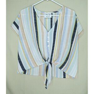 Sadie and Sage Cream Gray Striped Tie Front Crepe Short Sleeves Womens Sz Small